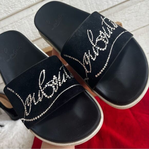 CHRISTIAN LOUBOUTIN SUEDE black Diamanté Crystal Slides Sandals Sz. 37 - Picture 7 of 9